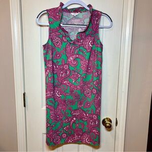 Crown and Ivy Green and Pink Sleeveless Sheath Dress, Ruffle Edge V-neck, S, EUC